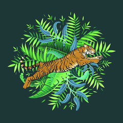 Vector Color Jungle Tiger Jump Illustration