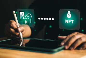 businessman using tablet for mint photo to be NFT art, digital future token. interface of...