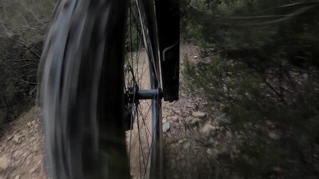 Riding a mountain bike on a single track in a rocky forest front wheel point of view