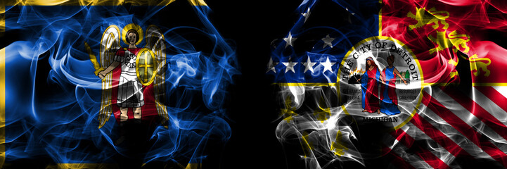 Kyiv, Kiev vs United States of America, America, US, USA, American, Detroit, Michigan flag. Smoke flags placed side by side isolated on black background.