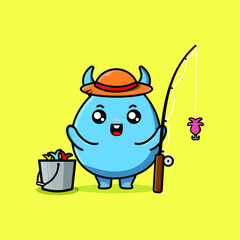 Cute cartoon goblin monster ready fishing wearing fishing equipment cartoon character in concept 3d cartoon style