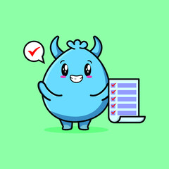 Cute cartoon goblin monster character holding checklist note in concept 3d cartoon style