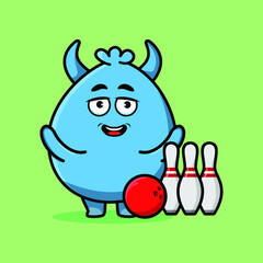 Cute cartoon goblin monster character playing bowling in 3d modern style design