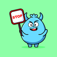 Cute Cartoon mascot illustration goblin monster with stop sign board vector drawing cute modern style design 