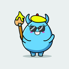 Cute cartoon character Goblin monster painter with hat and a brush to draw in cute design 