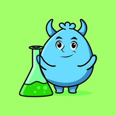 Cute cartoon mascot character goblin monster as scientist with chemical reaction glass in cute modern style design