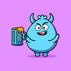 Goblin monster cartoon mascot character with beer glass and cute stylish design 