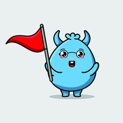 Cute cartoon Goblin monster character holding triangle flag in 3d modern design