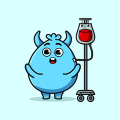 Cute cartoon illustration of goblin monster having blood transfusion with cute modern style deign
