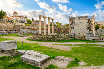 Fototapeta na wymiar Afternoon view of Hadrian's Library, built in 132 AD on the north side of the Acropolis in the Plaka area of Athens, Greece.