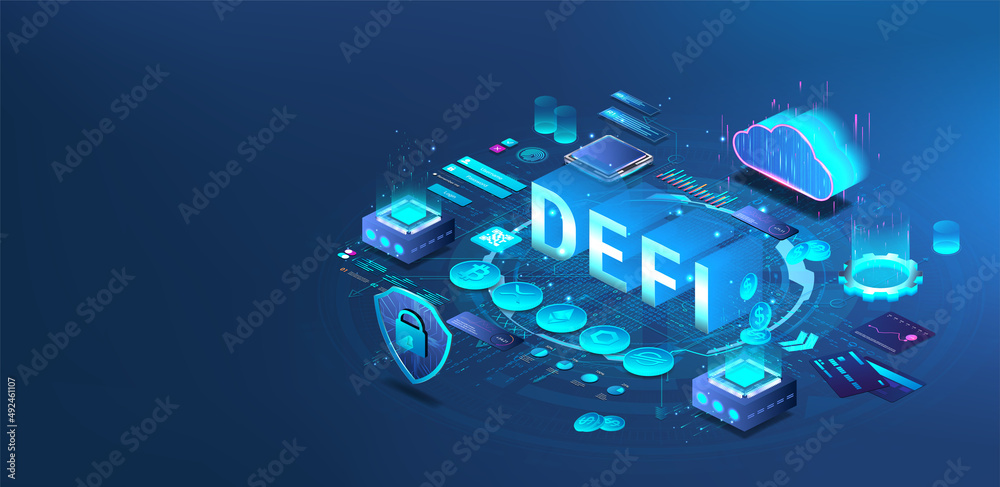 Poster defi isometric banner. decentralized finance, cryptocurrency and blockchain identified technology. p