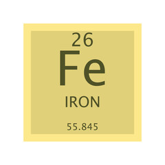 Fe Iron Transition metal Chemical Element Periodic Table. Simple flat square vector illustration, simple clean style Icon with molar mass and atomic number for Lab, science or chemistry class.