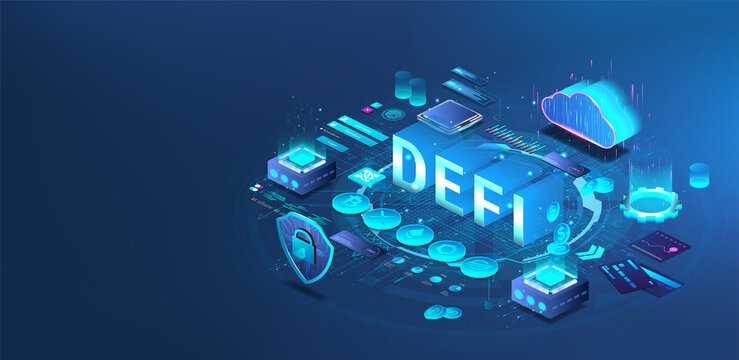 DeFi isometric banner. Decentralized Finance, cryptocurrency and blockchain Identified technology. Permission, Bitcoin, Altcoin, cryptocurrency mining, digital asset, wallet. Defi 3D banner. Vector