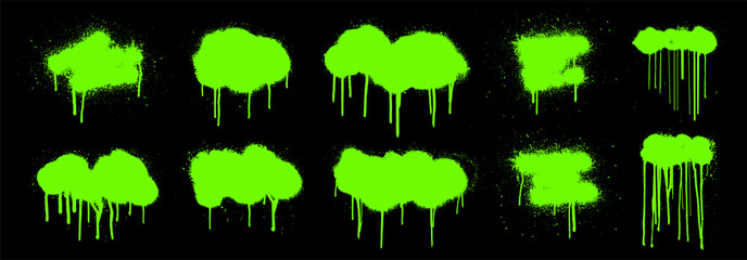 Toxic spray graffiti set. Grunge splashes paint with smudges and drops. Graffiti stencil template. Grunge spray texture with drip, spot. Cloud ink texture mockup. Stencil urban decoration ink. Vector © SergeyBitos