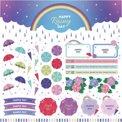 カラフルな雨 虹 傘のイラストセット フレームセット