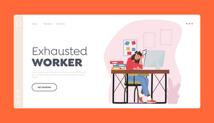 Employee Burnout Landing Page Template. Tired Overloaded Business Woman Sit with Closed Eyes at Pc, Stress, Deadline