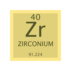Zr Zirconium Transition metal Chemical Element Periodic Table. Simple flat square vector illustration, simple clean style Icon with molar mass and atomic number for Lab, science or chemistry class.