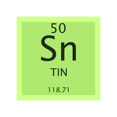 Sn Tin Post transition metal Chemical Element Periodic Table. Simple flat square vector illustration, simple clean style Icon with molar mass and atomic number for Lab, science or chemistry class.