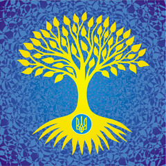 The tree of life  on the background against the backdrop of an openwork blue mandala. Colors of the Ukrainian flag. Ecological and vital symbol. Vector graphics