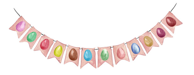 Watercolor set with pink cards on a rope with colored eggs. Easter eggs buntings. Spring Decoration