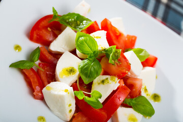 Appetizing salad with young white cheese and tomatoes served on plate
