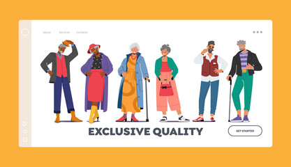 Exclusive Quality Landing Page Template. Trendy Old Male and Female Characters Wear Fashionable Clothes. Stylish Seniors
