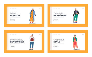 Fashionable Old People Landing Page Template Set. Trendy Aged Male and Female Characters Wear Fashionable Clothes