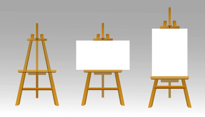 realistic easels with blank white board, isolated wooden brown easel with blank horizontal canvas. eps format - obrazy, fototapety, plakaty