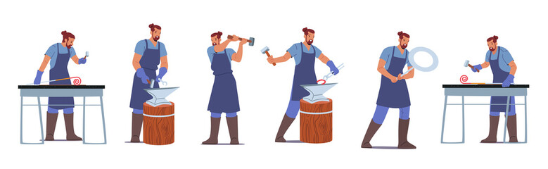 Set of Blacksmith Male Characters Work with Instruments Hammer or Anvil. Man Wear Apron Professional Master Working