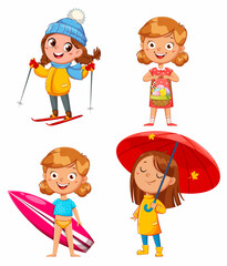 Seasonal year illustration. Cute girl, 4 seasons