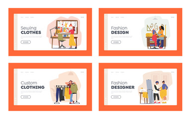 Dressmaker Create Apparel Collection Landing Page Template Set. Tailor Projecting Model, Fitting on Mannequin or Client