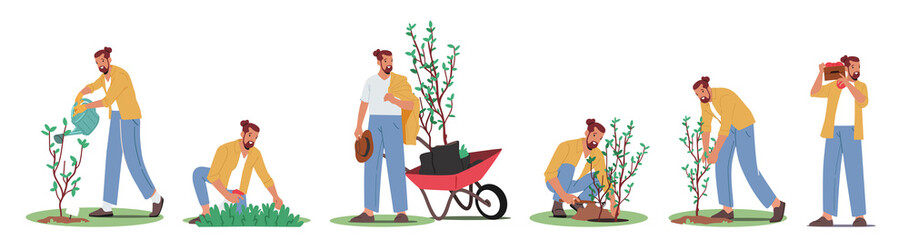 Set Gardening Works, Reforestation, Nature and Ecology Concept. World Environment Day, Characters Planting Seedlings - obrazy, fototapety, plakaty