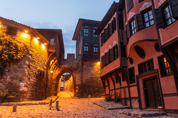 Evening view of a cobbled street in Plovdiv, Bulgaria