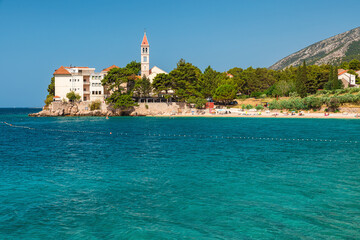 Croatia, Brac island, Bol. Beautiful view of Dominician monastery and Martinica beach on Adriatic...