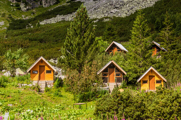 Mountain huts under Malyovitsa peak Rila mountains, Bulgaria