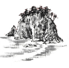 	水墨画技法で描いた小島と白波の風景