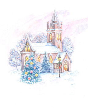 Winter landscape with snow covered rural church painted in watercolor on white for Christmas design.