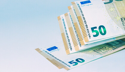European banknotes on color background. Copy Space.