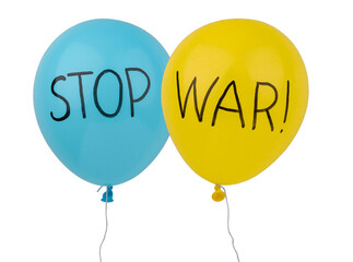 A call for peace and an end to the war. Two balloons in blue and yellow color, the colors of the flag of Ukraine. Isolated on white background. No war, stop war.