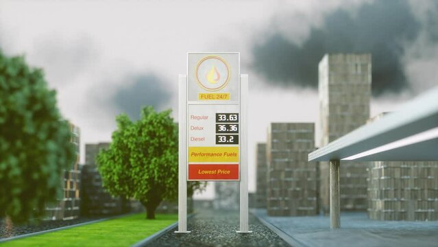 Gasoline prices at a gas station skyrocket high. The price of fuel on the petrol tank board is rising very fast. 3D Animation - Camera Zoom in