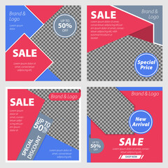Minimal online promotion sale banner template set, flat design, blue and red color, vector illustration.