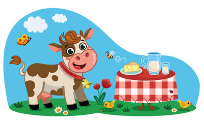 Cartoon cow character and dairy products vector illustration. 