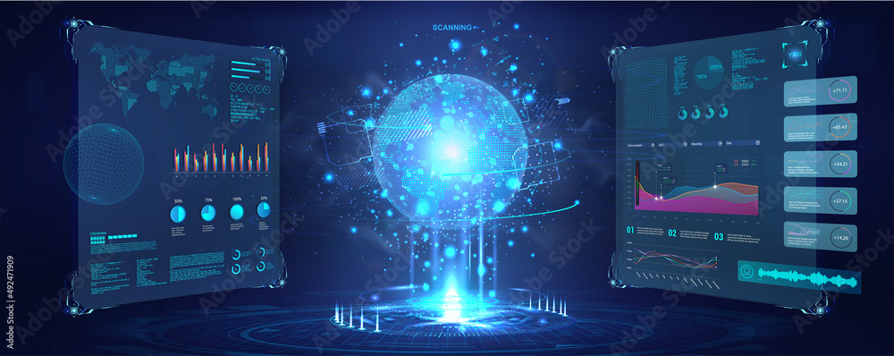 Poster Futuristic cyberspace with dashboard elements HUD. 3D Earth Globe hologram in control center with UI Sci-fi. Military security system HUD. Earth Globe control center with Dashboard - tracking system
