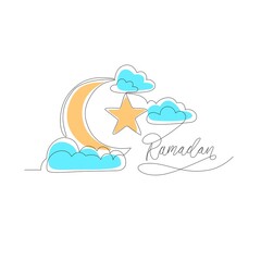 Moon, stars and clouds, one line drawing, minimalistic vector design. islamic symbol sign.as template for ramadan kareem and eid mubarak. isolated on a white background.