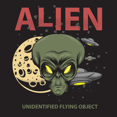 Face alien with moon and UFO. Vector illustration print for wear brand clothes t shirt sweatshirt. Cartoon design. © Forde