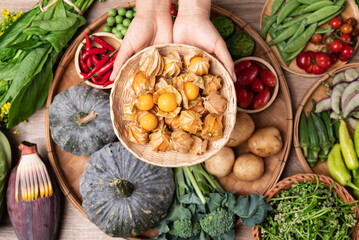 Organic Southeast Asian vegetables and fruits from local farmers market, Northern of Thailand, Sustainability concept, Top view