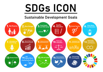 SDGs 17の目標丸型アイコンセット（英語表記）　SDGs 17 goals round icon set - obrazy, fototapety, plakaty