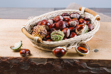 Close up view of Chestnuts in a basket on a wooden background