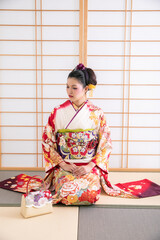 襖の前で俯く着物の女性　Japan