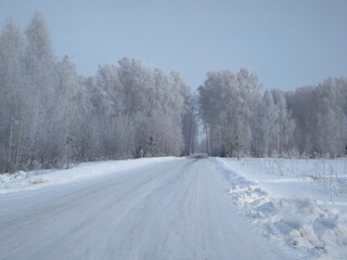 Fototapeta premium winter road in the forest for driving cars between trees in the snow